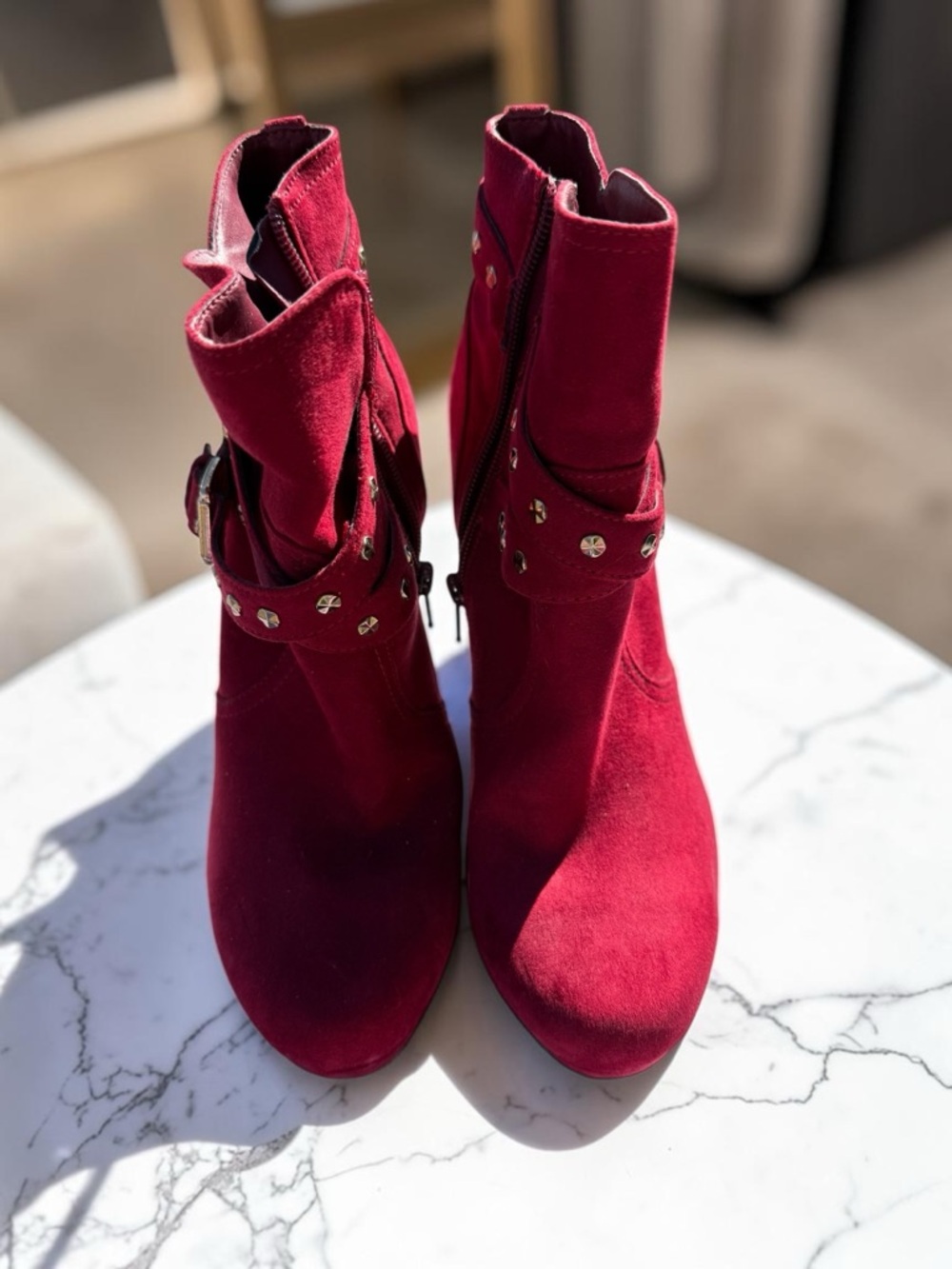 Women’s Red Suede Studded Ankle Booties